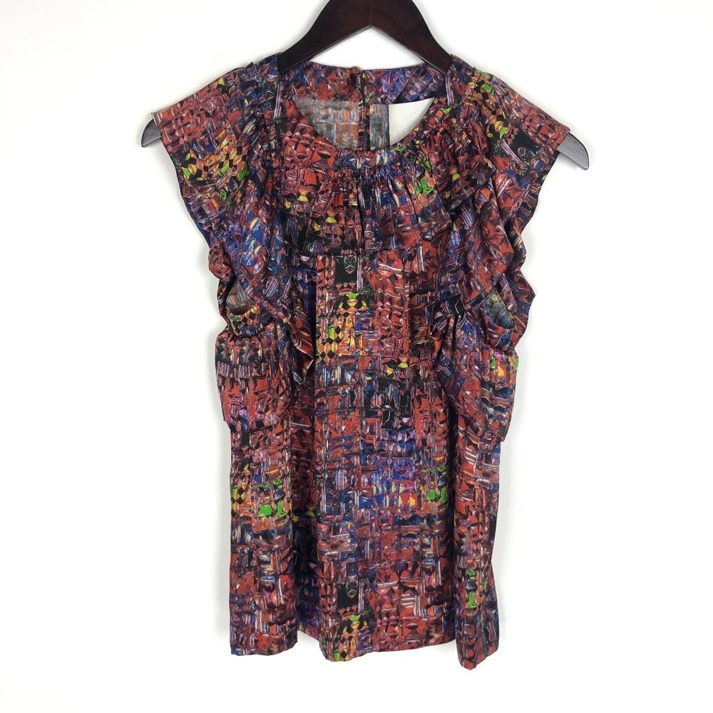 3.1 Phillip Lim Silk Colorful Abstract Blouse Top Ruffled Flutter Sleeves Size 4